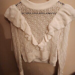 White Knit ruffle trim sweater long sleeve